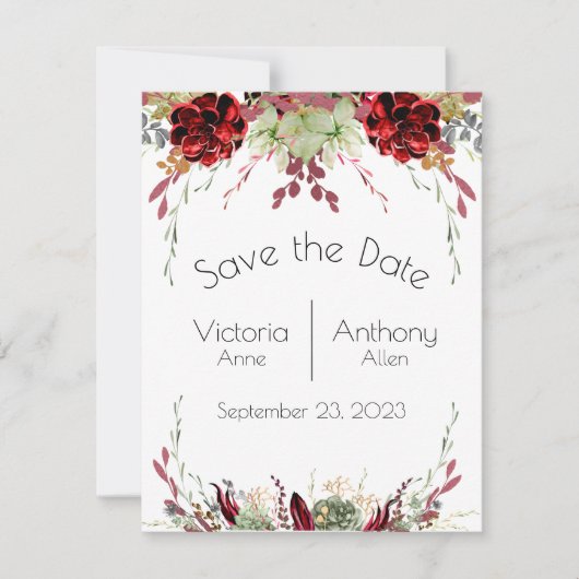 Elegante Burgundy Marsala Vetplanten Bruiloft Save The Date (Voorkant)