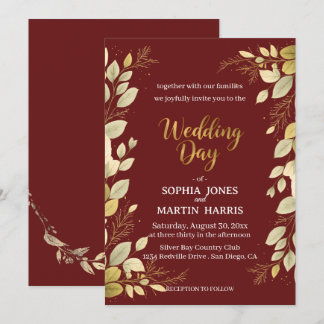 Elegante Burgundy Moderne Gouden Botanische Trouwk Kaart