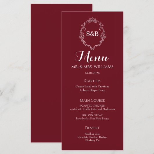 Elegante Burgundy Monogram Huwelijk Menu (Voorkant / Achterkant)