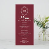 Elegante Burgundy Monogram Huwelijk Menu (Staand voorkant)