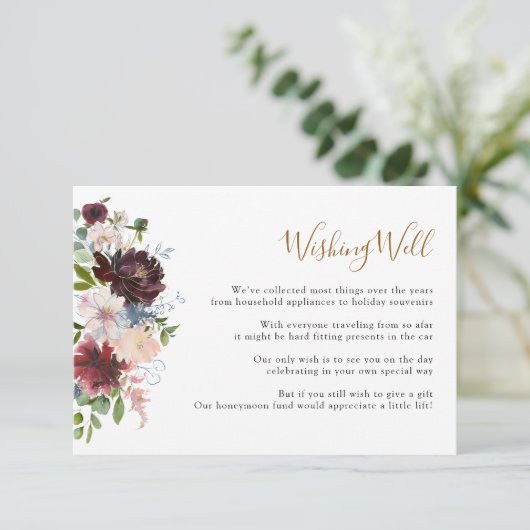 Elegante Burgundy Navy Bloemen Wensput Informatiekaartje (Staand voorkant)