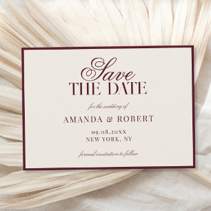 Elegante Burgundy Old Money Bruiloft Save The Date