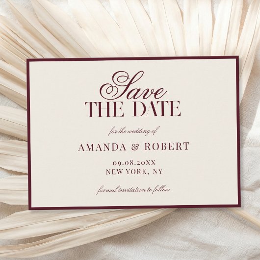 Elegante Burgundy Old Money Bruiloft Save The Date