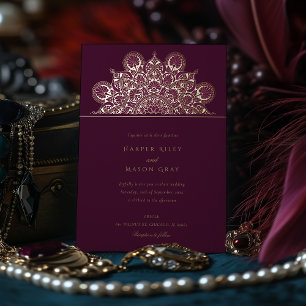 Elegante Burgundy Plum Goud Folie Mandala Bruiloft Uitnodiging