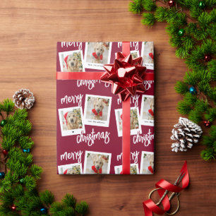 Elegante Burgundy Prettig Kerstmis 2 Honden Foto Cadeaupapier