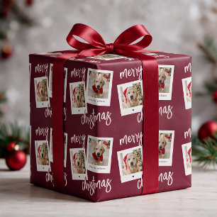 Elegante Burgundy Prettig Kerstmis 2 Honden Foto Cadeaupapier