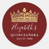 Elegante Burgundy Rood Gouden Kroon Quinceanera Ronde Sticker (Voorkant)