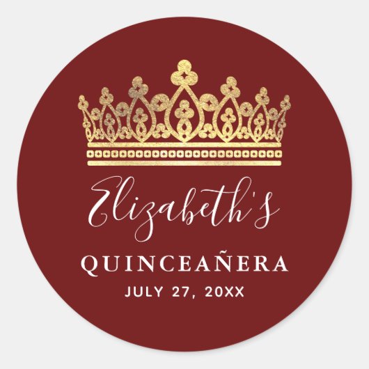 Elegante Burgundy Rood Gouden Kroon Quinceanera Ronde Sticker (Voorkant)