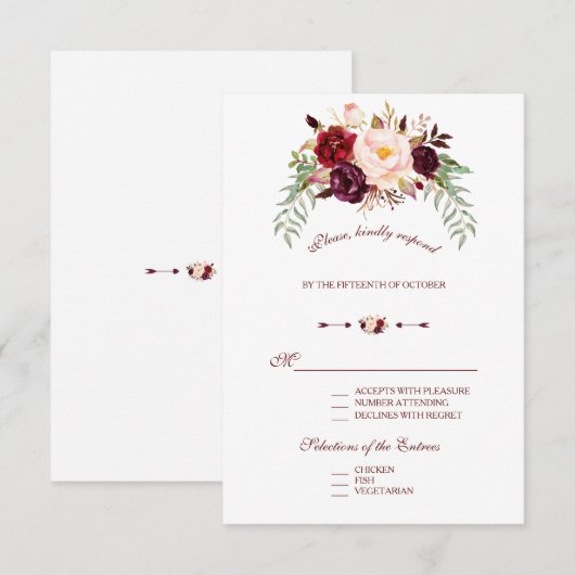 Elegante Burgundy Rood Marsala Bloemrijke Trouw RS RSVP Kaartje (Voorkant / Achterkant)