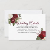 Elegante Burgundy Rood Witte Bloemige Trouwdetails Kaart (Voorkant)