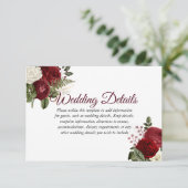Elegante Burgundy Rood Witte Bloemige Trouwdetails Kaart (Staand voorkant)