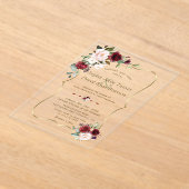 Elegante Burgundy Roze Bloemen Gouden Bruiloft Acryl Uitnodigingen (Laagn)