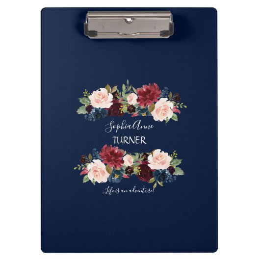 Elegante Burgundy Roze Blush Bloemend Navy Monogra Klembord (Voorkant)