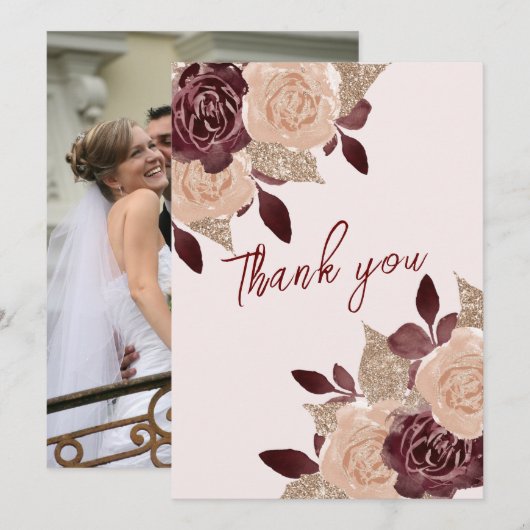 Elegante Burgundy Roze Goud Glitter Bloem Foto Bedankkaart (Voorkant / Achterkant)