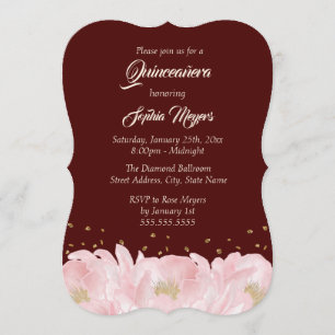 Elegante Burgundy Roze Gouden Pioen Quinceanera Kaart