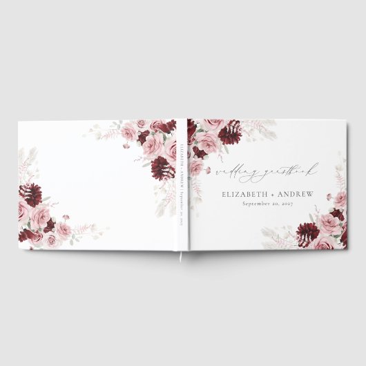 Elegante Burgundy Roze Rozen Bloemen Bruiloft Gastenboek (Volledig)
