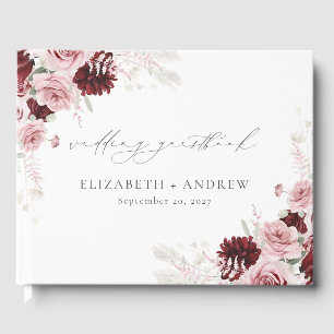 Elegante Burgundy Roze Rozen Bloemige Bruiloft Gastenboek