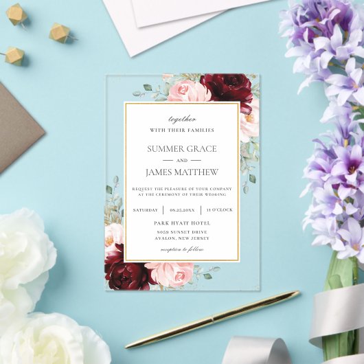 Elegante Burgundy Roze Rozen Bloemige Trouw Acryl Uitnodigingen (Insitu (Huwelijk))