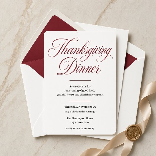 Elegante Burgundy Script Thanksgiving Dinner uitno Kaart