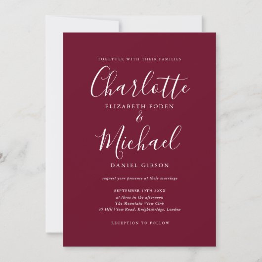 Elegante Burgundy Signature Script Bruiloft Kaart (Voorkant)