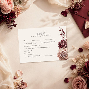 Elegante Burgundy & Stof Roze Bloem Bruiloft RSVP Kaartje