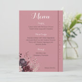 Elegante Burgundy Stof Roze Bloemige Trouw Menu  (Staand voorkant)