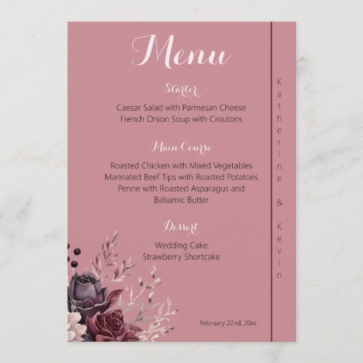 Elegante Burgundy Stof Roze Bloemige Trouw Menu  (Voorkant)