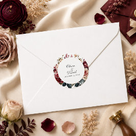 Elegante Burgundy & Stof Roze Bloemige Trouw Ronde Sticker