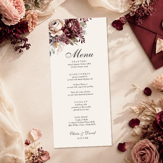 Elegante Burgundy & Stof Roze Bloemige Trouwmenu Menu
