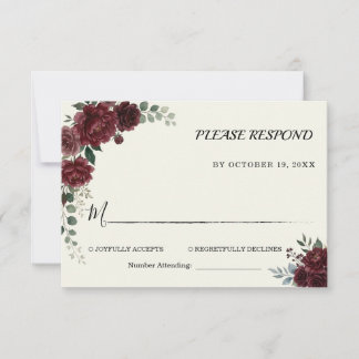 Elegante Burgundy Stof Roze Botanische Trouwkaart RSVP Kaartje
