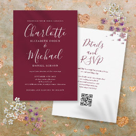 Elegante Burgundy-wine QR-code-huwelijksuitnodigin Kaart