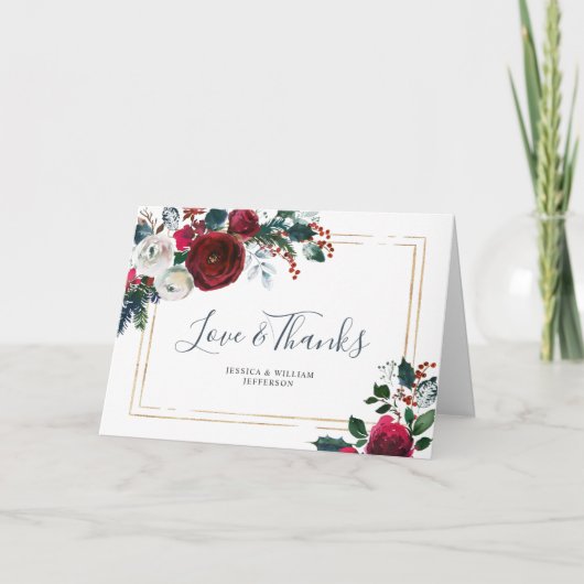 Elegante Burgundy Winterrozen Begroeiing Bedankkaart (Voorkant)