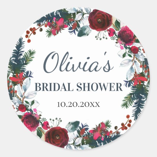 Elegante Burgundy Winterrozen Bloemachtige BRUIDSS Ronde Sticker (Voorkant)
