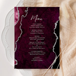 Elegante Burgundy Zilveren Agate Huwelijksmenu Menu