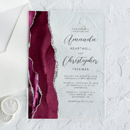 Elegante Burgundy Zilveren Agate Script Trouwkaart Acryl Uitnodigingen