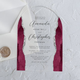 Elegante Burgundy Zilveren Agaten Script Boog Brui Acryl Uitnodigingen