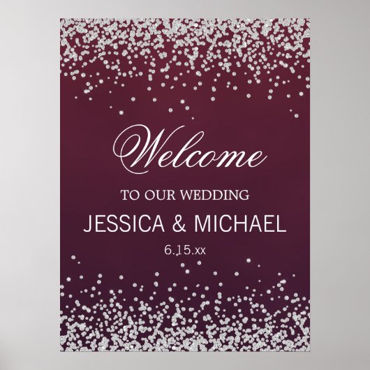 Elegante Burgundy Zilveren Glitter Bruiloft Poster (Voorkant)