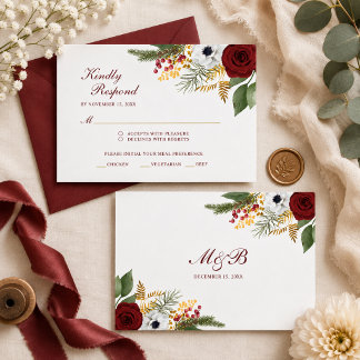 Elegante Burgundyrood & Gouden Bloemrijke Script B RSVP Kaartje