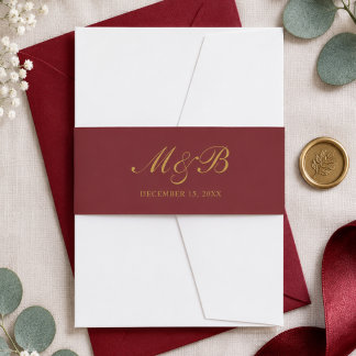 Elegante Burgundyrood Gouden Monogram Script Bruil Uitnodigingen Wikkel