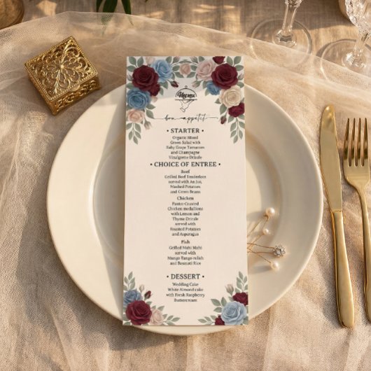 Elegante Burgundyroos Huwelijksmenu Menu