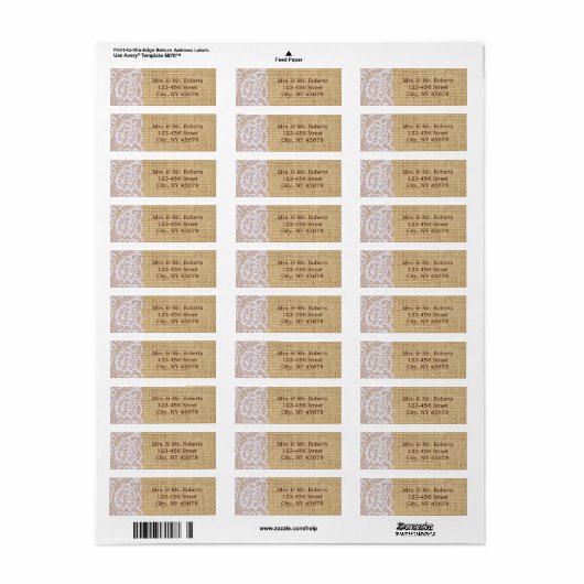 Elegante burlap wit kant land rustieke bruiloft etiket (Full Sheet)