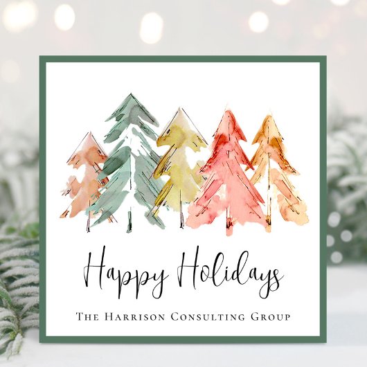 Elegante Business Pine Trees Waterverf Kerst Feestdagenkaart
