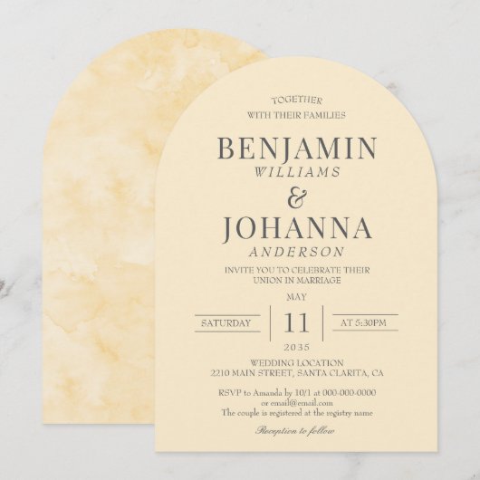 Elegante Butter Yellow Arch bruiloft Kaart (Voorkant / Achterkant)