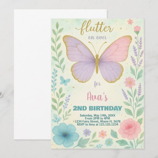 Elegante Butterfly verjaardagsuitnodiging Kaart (Voorkant / Achterkant)