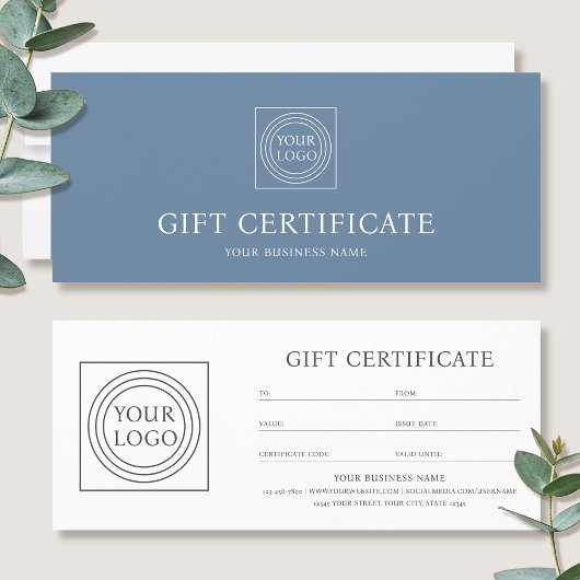 Elegante cadeaubon met eigen logo in het blauw