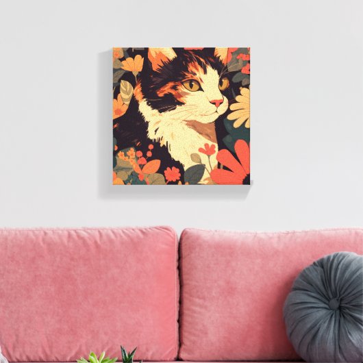 Elegante Calico Cat in Bloementuin Canvas Print (Insitu (Woonkamer))