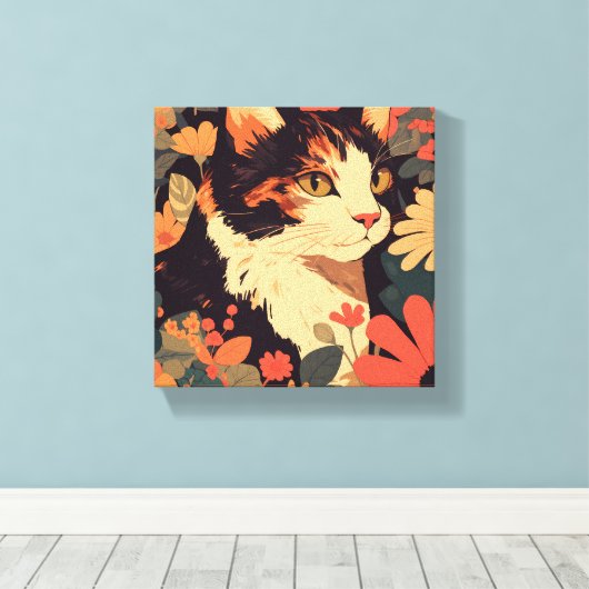 Elegante Calico Cat in Bloementuin Canvas Print (Insitu (Houten vloer))