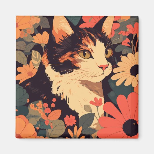 Elegante Calico Cat in bloementuin Magneet (Voorkant)