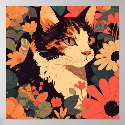 Elegante Calico Cat in Bloementuin Matte Poster (Voorkant)