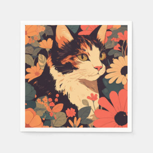 Elegante Calico Cat in bloementuin Servet